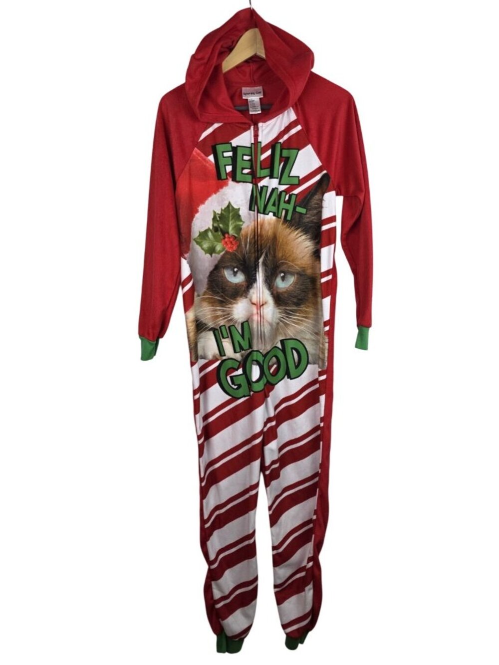 Grumpy Cat Pajama Women's Size Medium Red Ugly Christmas One Piece Sleepwear